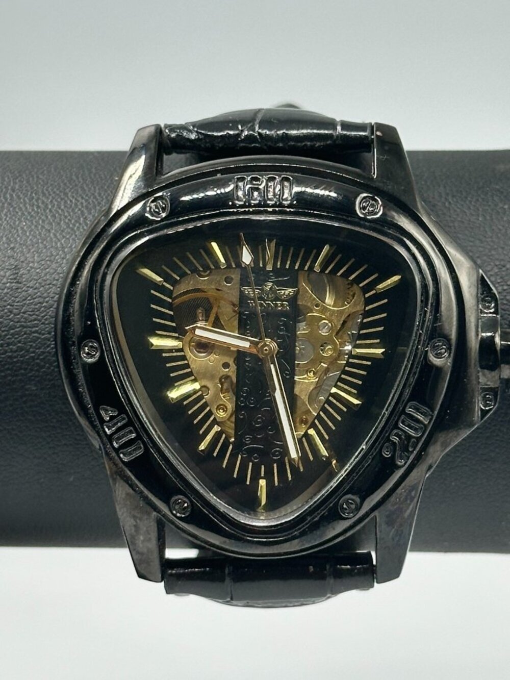 Winner Automatic Watch 49mm Black Triangle Case Skeleton Dial Leather Band